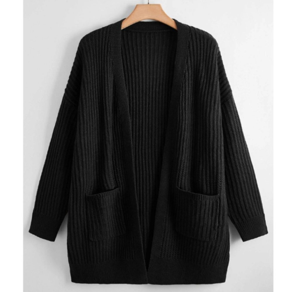 Solid Black Ribbed Open Front Cardigan Sweater with Pockets‎ Relaxed Fit